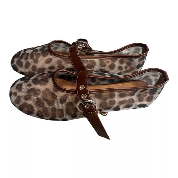 Womens Flat Leopard Mesh Ballet Slip On Mary Jane Casual Ballerina Shoes - Picture 2 of 8